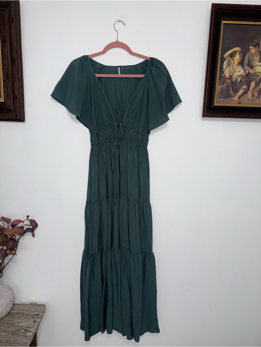Deep Green Tiered Maxi Dress with Tie-Front Waist